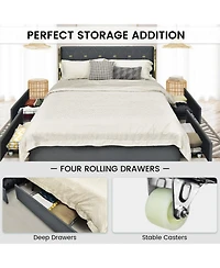 Gouun Full Upholstered Platform Bed Frame with 4 Rolling Storage Drawers