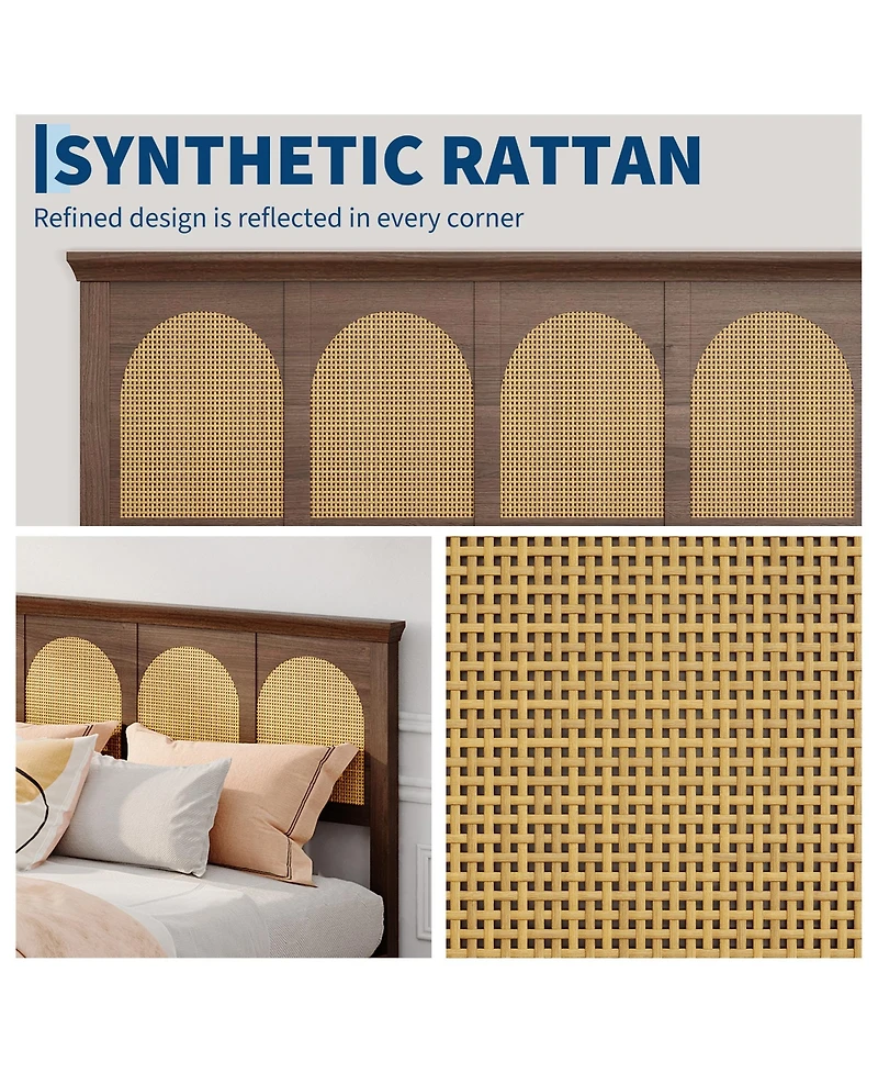 homfan Bed Frame with Rattan Headboard, Wooden Platform Bed with Storage Shelf and Under Bed Storage for Bedroom
