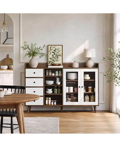 homfan Glass Door Sideboard Cabinet with Grille Design, Buffet Server Storage Shelves for Dining Room Living