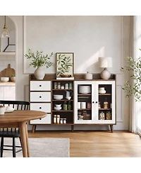 homfan Glass Door Sideboard Cabinet with Grille Design, Buffet Server Storage Shelves for Dining Room Living