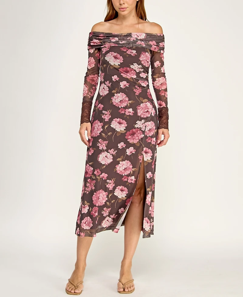 Trixxi Juniors' Off-The-Shoulder Long-Sleeve Mesh Dress