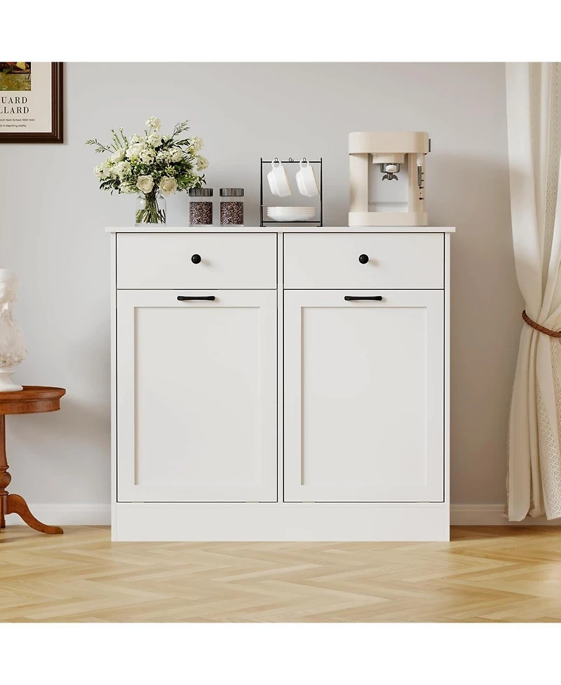 gaomon 20 Gallon Double Tilt Out Trash Can Cabinet, Wooden Storage Garbage Can Cabinets, Hidden Laundry Hamper Cabinet with Drawer