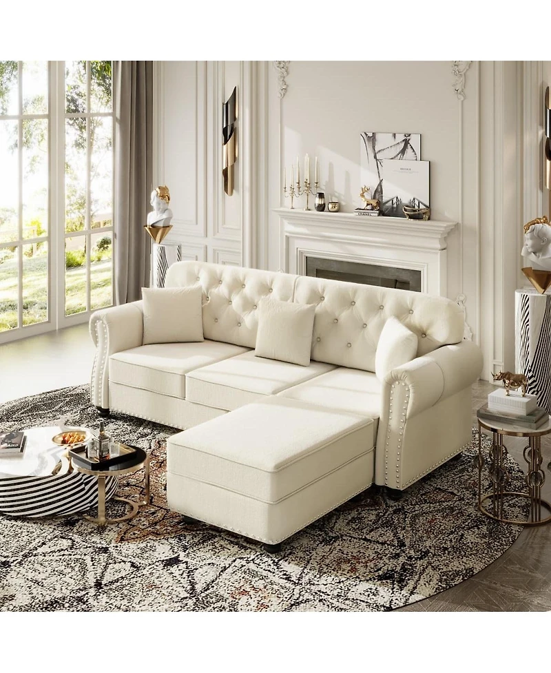 Maison Boucle 82.6'' Velvet Sofa and Ottoman, Chesterfield Nailhead, 3 Pillows