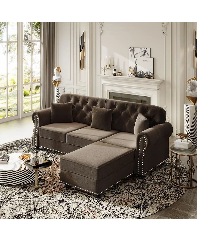 Maison Boucle 82.6'' Velvet Sofa and Ottoman, Chesterfield Nailhead, 3 Pillows