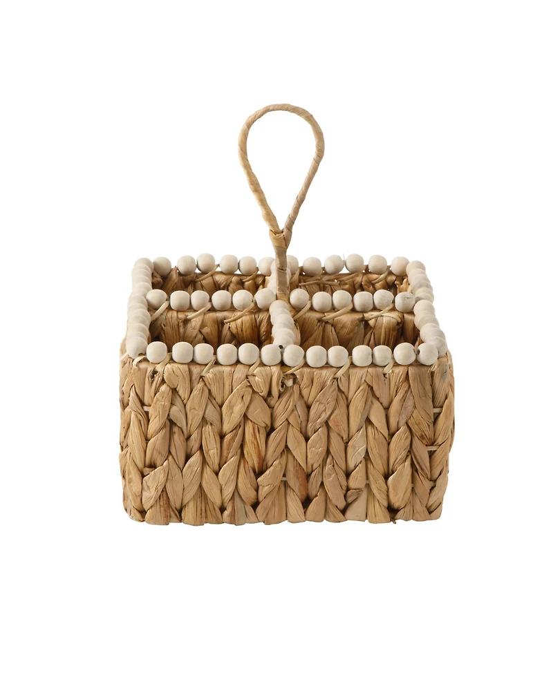 Gibson Home Woven Utensil Caddy with 4 Compartments, Hand-Braided Water Hyacinth Basket with Wood-Bead Trim