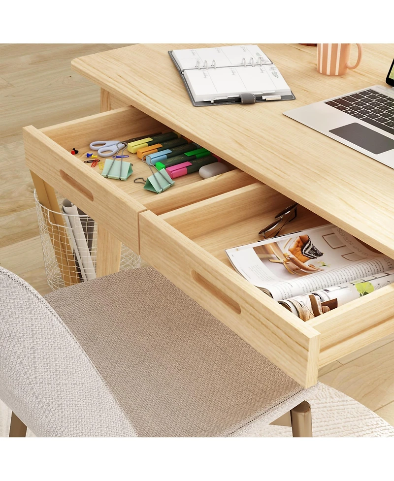 Homsee Writing Desk with 2 Slim Drawers - Large Office Rubber Wood Legs Modern Mdf Study Table Easy Assembly