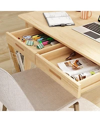 Homsee Writing Desk with 2 Slim Drawers - Large Office Rubber Wood Legs Modern Mdf Study Table Easy Assembly