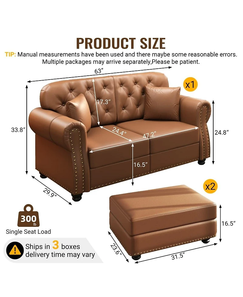 Maison Boucle 63'' Faux Leather Loveseat Set with 2 Ottomans, Nailhead Tufted