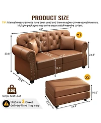 Maison Boucle 63'' Faux Leather Loveseat Set with 2 Ottomans, Nailhead Tufted