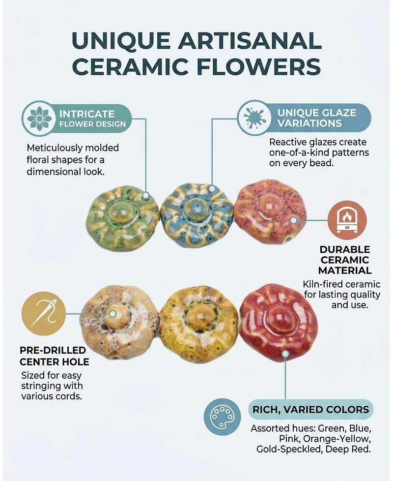 Sevorley Ceramic Flower Shaped Loose Beads for Diy Jewelry Making, Bracelets, Necklaces and Craft Projects