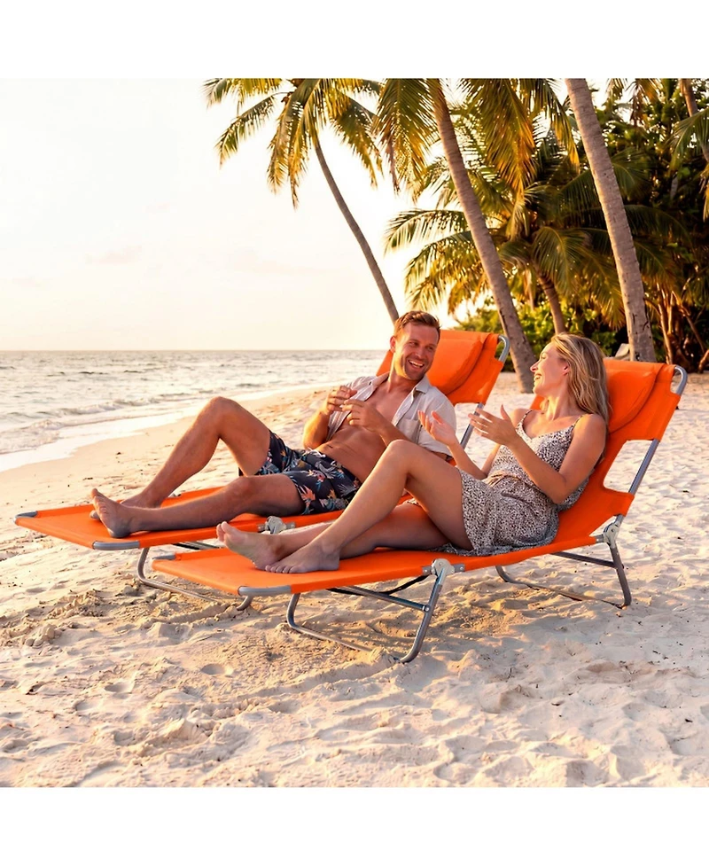 Gouun Folding Beach Lounge Chair with 5-Level Adjustable Backrest and Face Hole