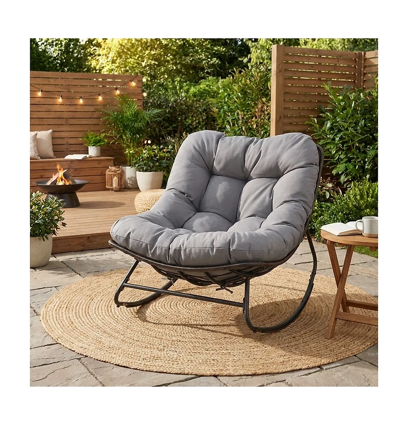 Gouun Outdoor Papasan Rocking Chair with Extra-Thick 6.5 In Cushion