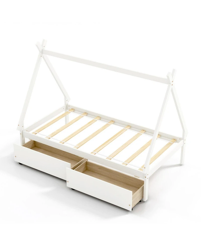Gouun Twin Wooden House Bed Platform Frame 2 Storage Drawers Kids