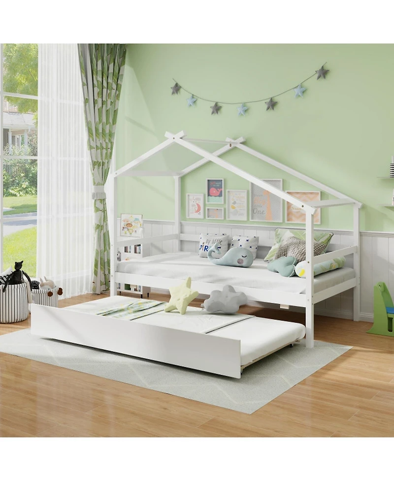 Gouun Twin House Bed Frame Trundle Roof 8 Plywood Slats Kids Guardrail