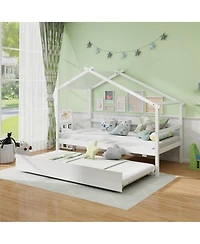 Gouun Twin House Bed Frame Trundle Roof 8 Plywood Slats Kids Guardrail