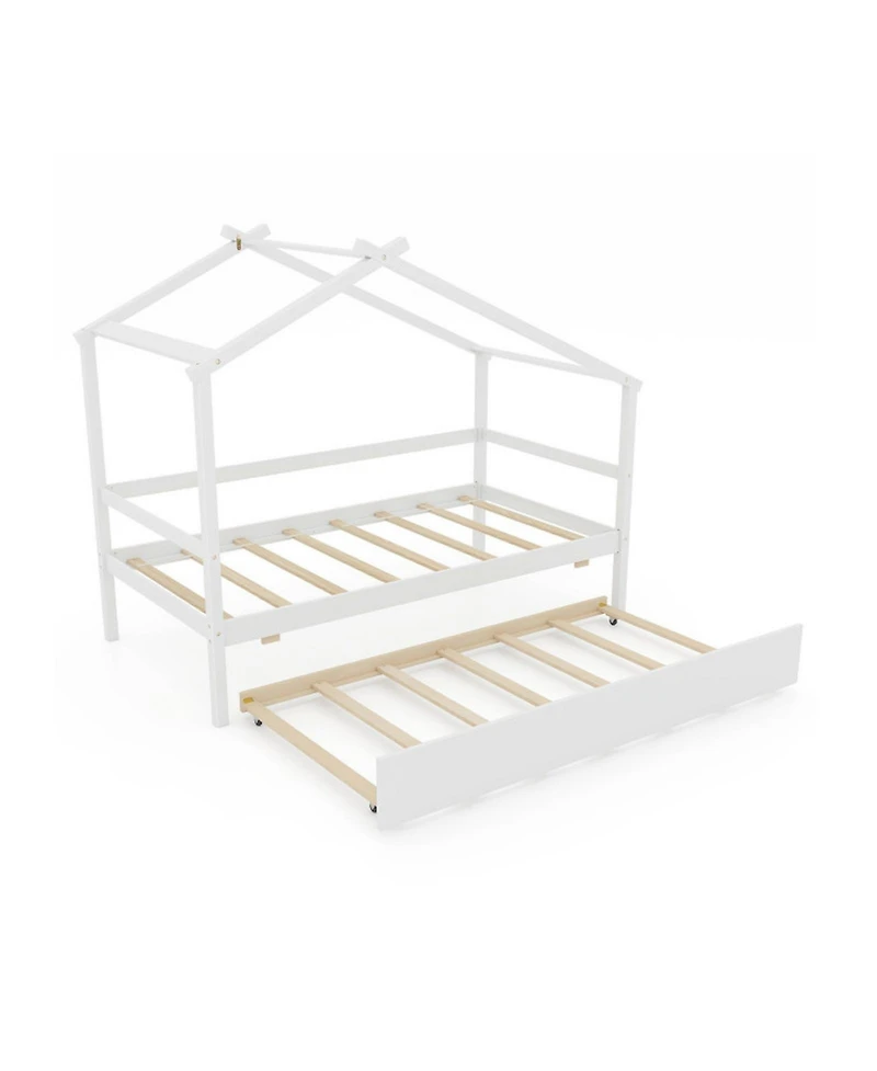 Gouun Twin House Bed Frame Trundle Roof 8 Plywood Slats Kids Guardrail