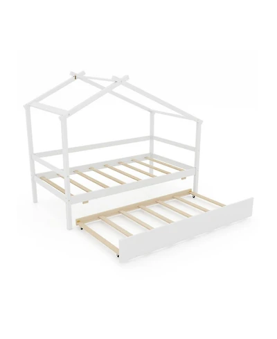 Gouun Twin House Bed Frame Trundle Roof 8 Plywood Slats Kids Guardrail