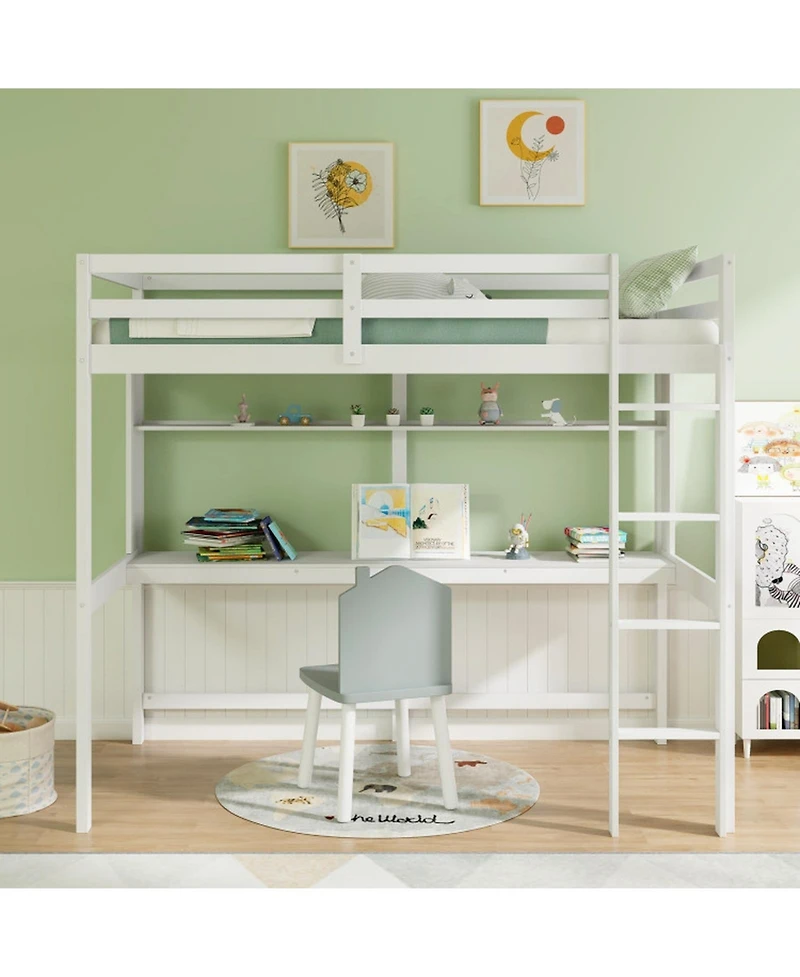 Gouun Twin Kids Loft Bed with Built-In Desk and Storage Shelf