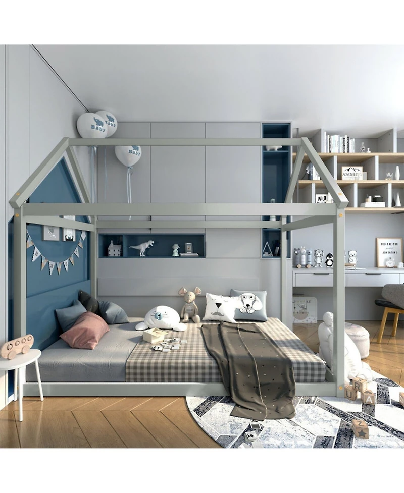 Gouun Twin Kids House Bed with Roof and Reinforced Slats