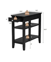 Gouun Side End Table with Drawer and 2-Tier Open Storage Shelves