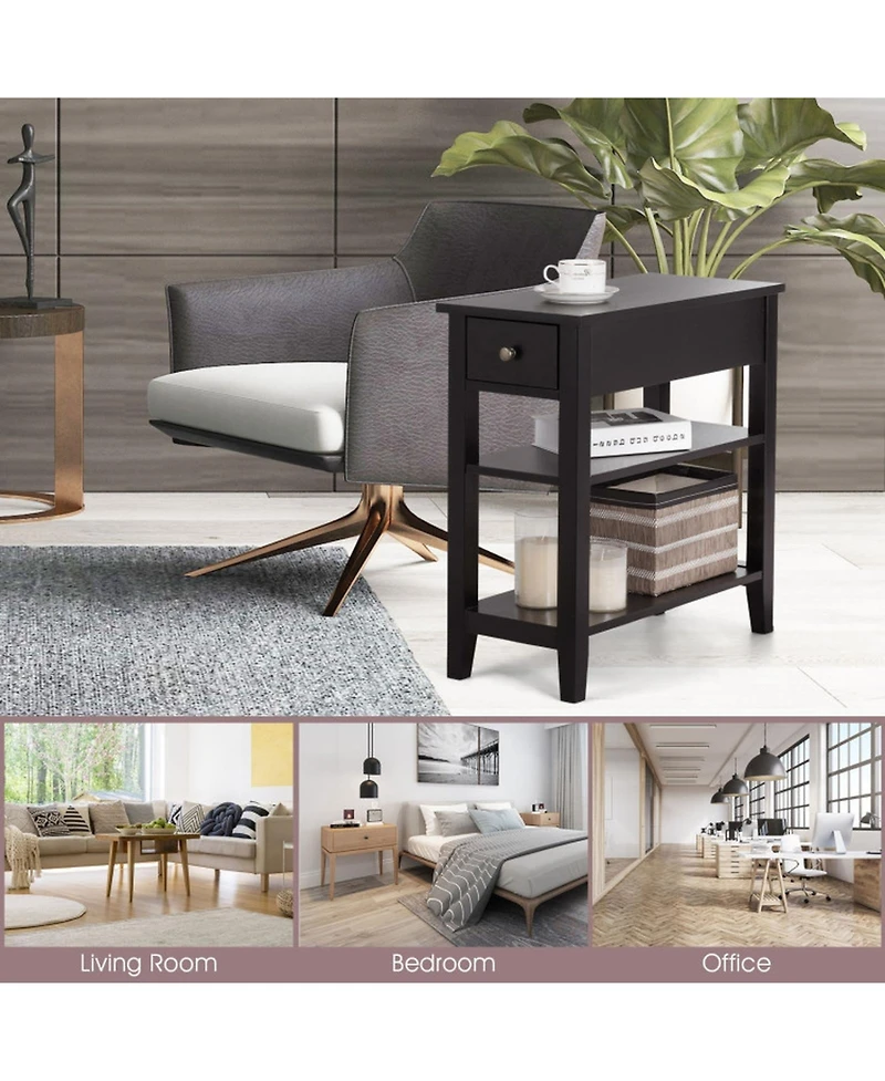 Gouun 3-Tier End Table with Drawer and Double Open Shelves