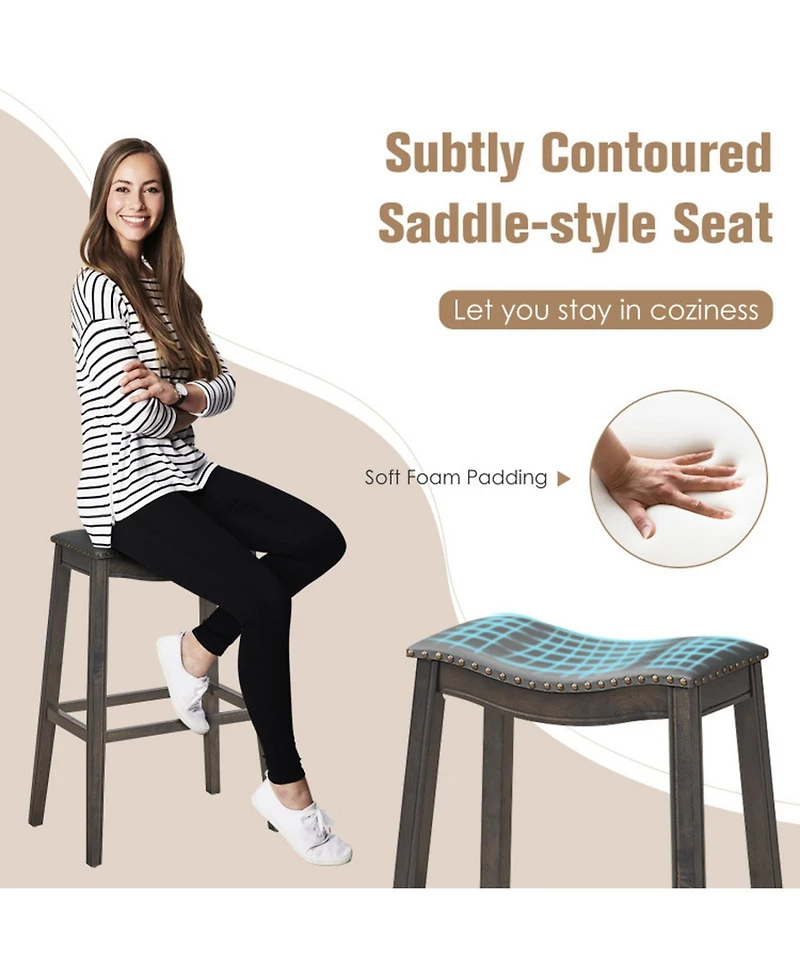 Gouun Set of 2 Backless Bar Stools with Nailhead Pvc Leather Seat