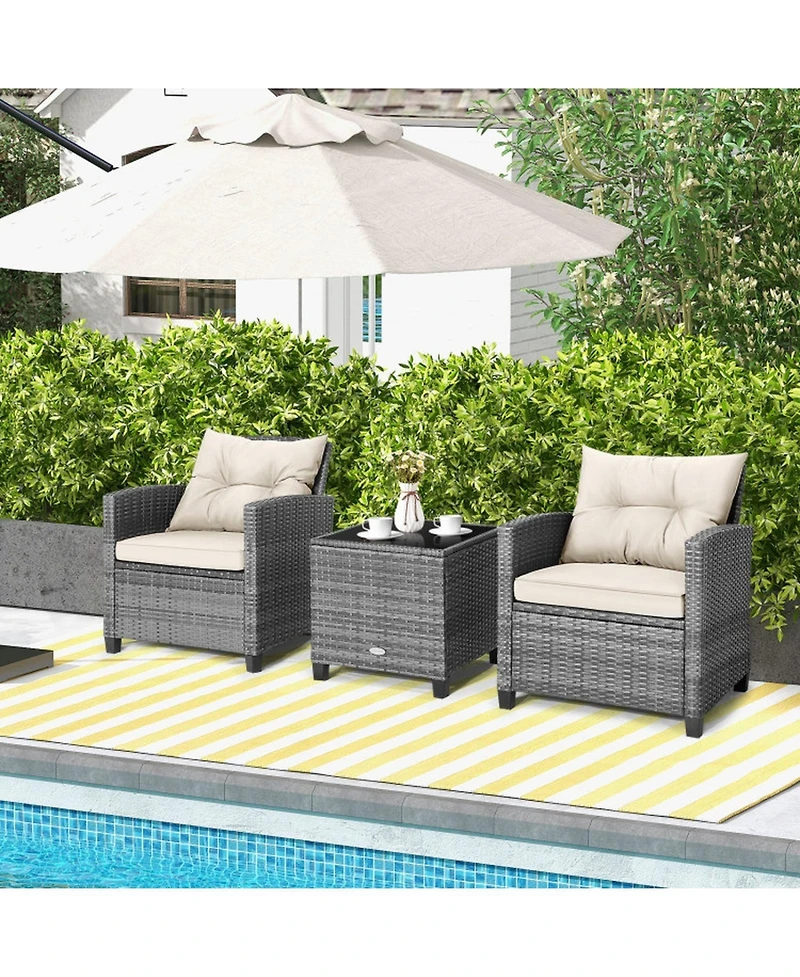 Gouun 3-Piece Outdoor Wicker Conversation Set with Glass Table