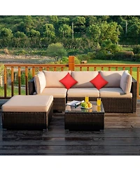 Gouun 5-Piece Modular Patio Sectional Set with Cushions and Glass Table