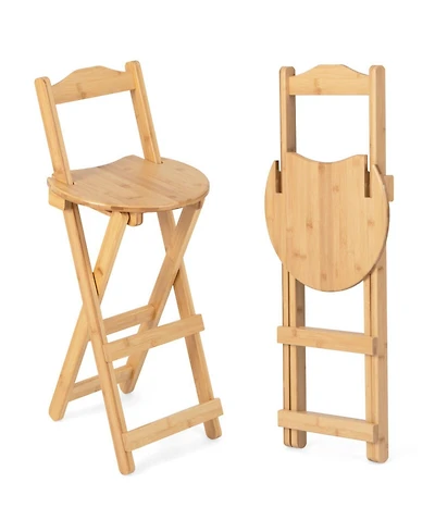 Gouun Set of 2 Folding Bamboo Bar Stools with Backrest, 24 in