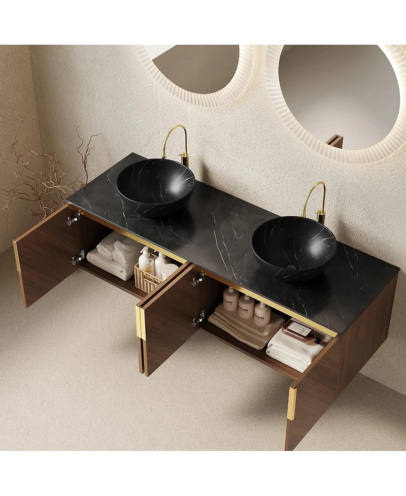 Sillysis 60 Inch Double Sink Bathroom Vanity, Sintered Stone Top, Double Ceramic Vessel Sink, Soft Close Large Storage