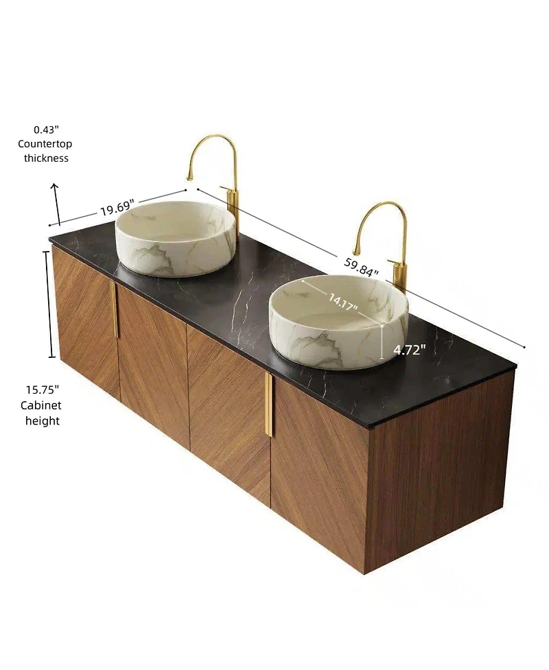 Sillysis 60 Inch Double Sink Bathroom Vanity, Sintered Stone Top, Double Ceramic Vessel Sink