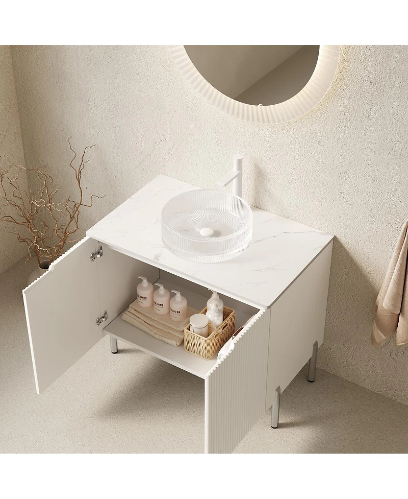 Sillysis 30 Inch Modern Bathroom Vanity with Glass Vessel Sink, Double Door Storage, Soft Close, Marble Style Top for Small Spaces