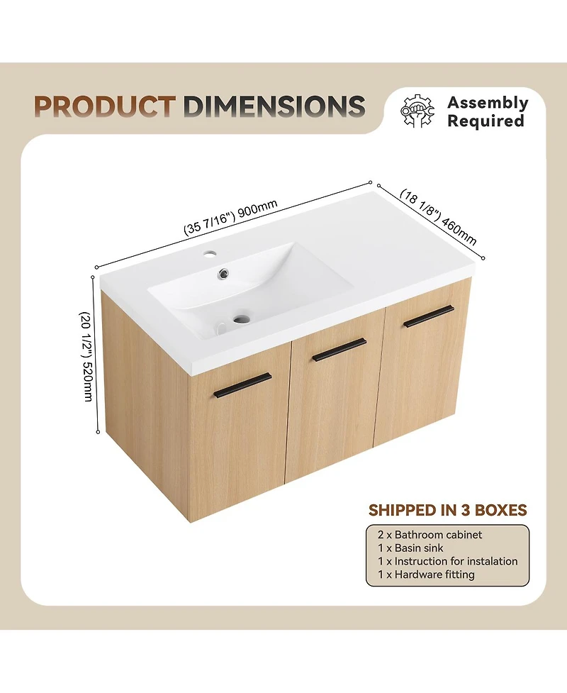 Sillysis 36 Inch Wall Mounted Bathroom Vanity with Resin Sink Top, Soft Close Doors