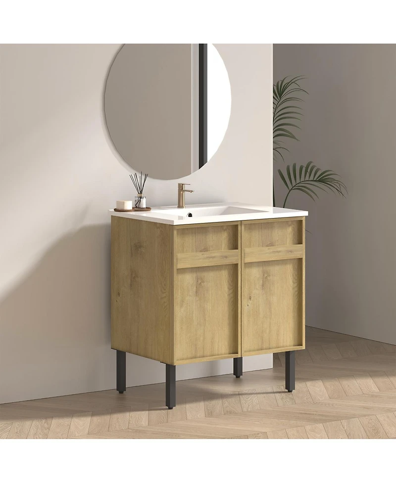 Sillysis 30 Inch Freestanding Bathroom Vanity with Ceramic Sink, 3D Texture Panels, Modern Mdf Cabinet for Small Spaces
