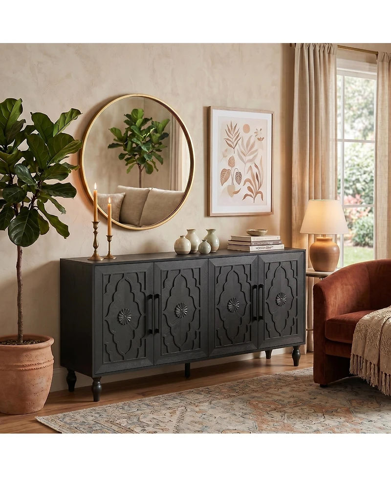 Clihome 63'' Large Storage Cabinet with Metal Handle, Carved Flower Doors, Wooden Mordern Sideboard Console Adjustable Shelves