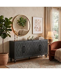 Clihome 63'' Large Storage Cabinet with Metal Handle, Carved Flower Doors, Wooden Mordern Sideboard Console Adjustable Shelves