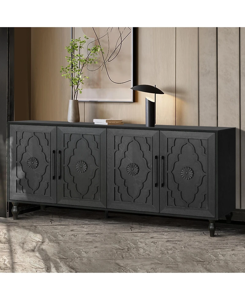 Clihome 63'' Large Storage Cabinet with Metal Handle, Carved Flower Doors, Wooden Mordern Sideboard Console Adjustable Shelves