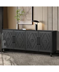 Clihome 63'' Large Storage Cabinet with Metal Handle, Carved Flower Doors, Wooden Mordern Sideboard Console Adjustable Shelves