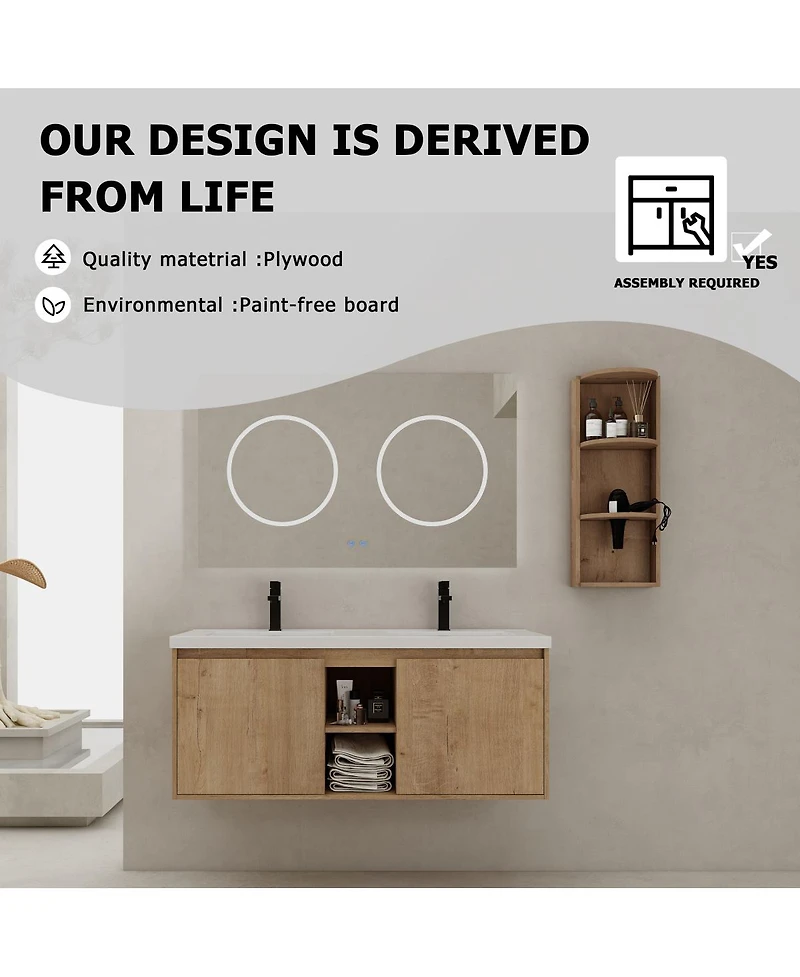 Sillysis 48 Inch Wall Mounted Double Sink Bathroom Vanity with Storage Rack, Soft Close Doors, Open Shelves, Modern Floating Cabinet