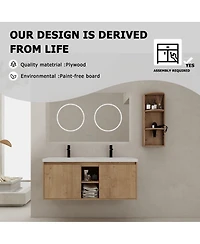 Sillysis 48 Inch Wall Mounted Double Sink Bathroom Vanity with Storage Rack, Soft Close Doors, Open Shelves, Modern Floating Cabinet