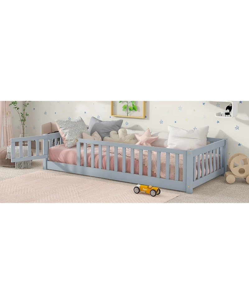 Sailvan Twin Floor Bed with Fence and Door,Solid Wood Kids Frame for Toddlers