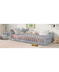 Sailvan Twin Floor Bed with Fence and Door,Solid Wood Kids Frame for Toddlers