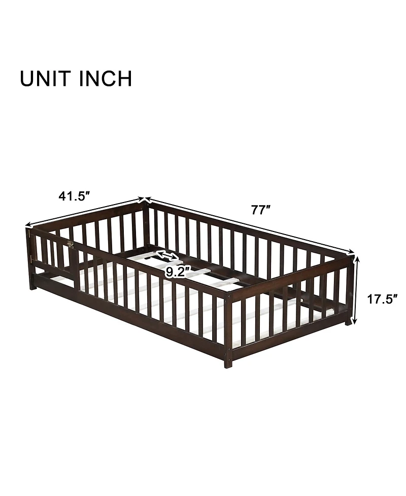 Sailvan Twin Floor Bed with Fence and Door,Solid Wood Kids Frame for Toddlers