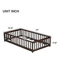 Sailvan Twin Floor Bed with Fence and Door,Solid Wood Kids Frame for Toddlers