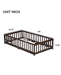 Sailvan Twin Floor Bed with Fence and Door, Solid Rubber Wood Kids Platform Frame