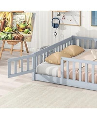 Sailvan Floor Bed with Fence and Door, Solid Wood Kids Platform Frame