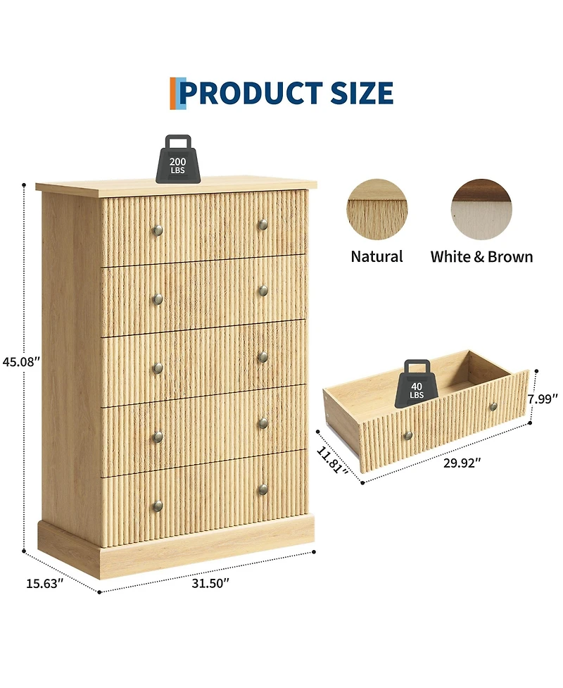 homfan 5 Drawer Tall Dresser with Fluted Front and Metal Handles for Bedroom, Guest Room, Apartment, Entryway