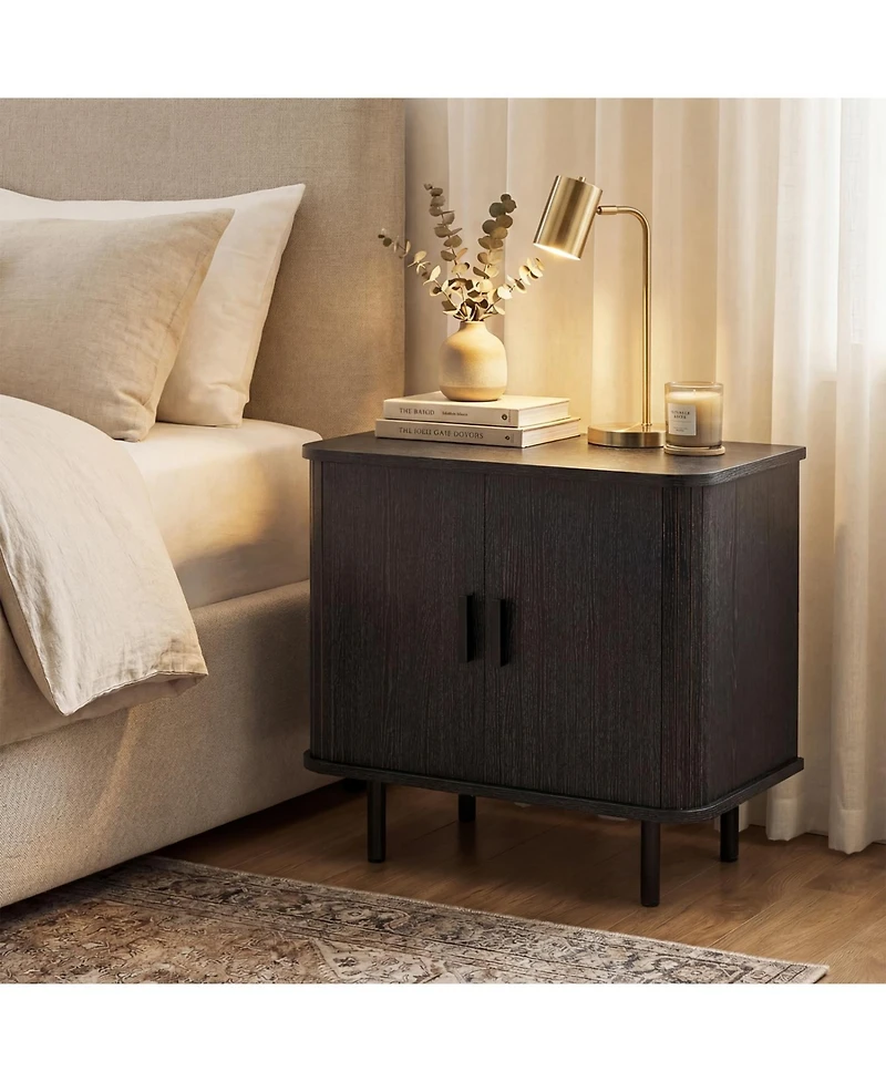 Slickblue Mid Century Nightstand with Sliding Tambour Doors and Storage Shelf