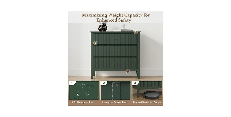 Lucky One 32"W Wide Fluted Nightstand with 3-Drawer