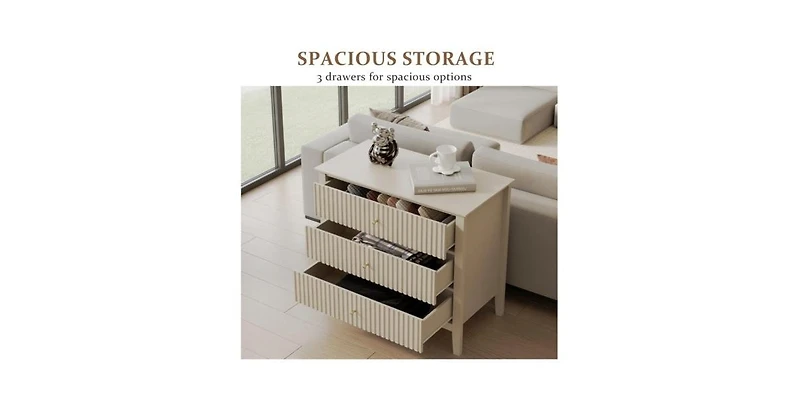 Lucky One 32"W Wide Fluted Nightstand with 3-Drawer